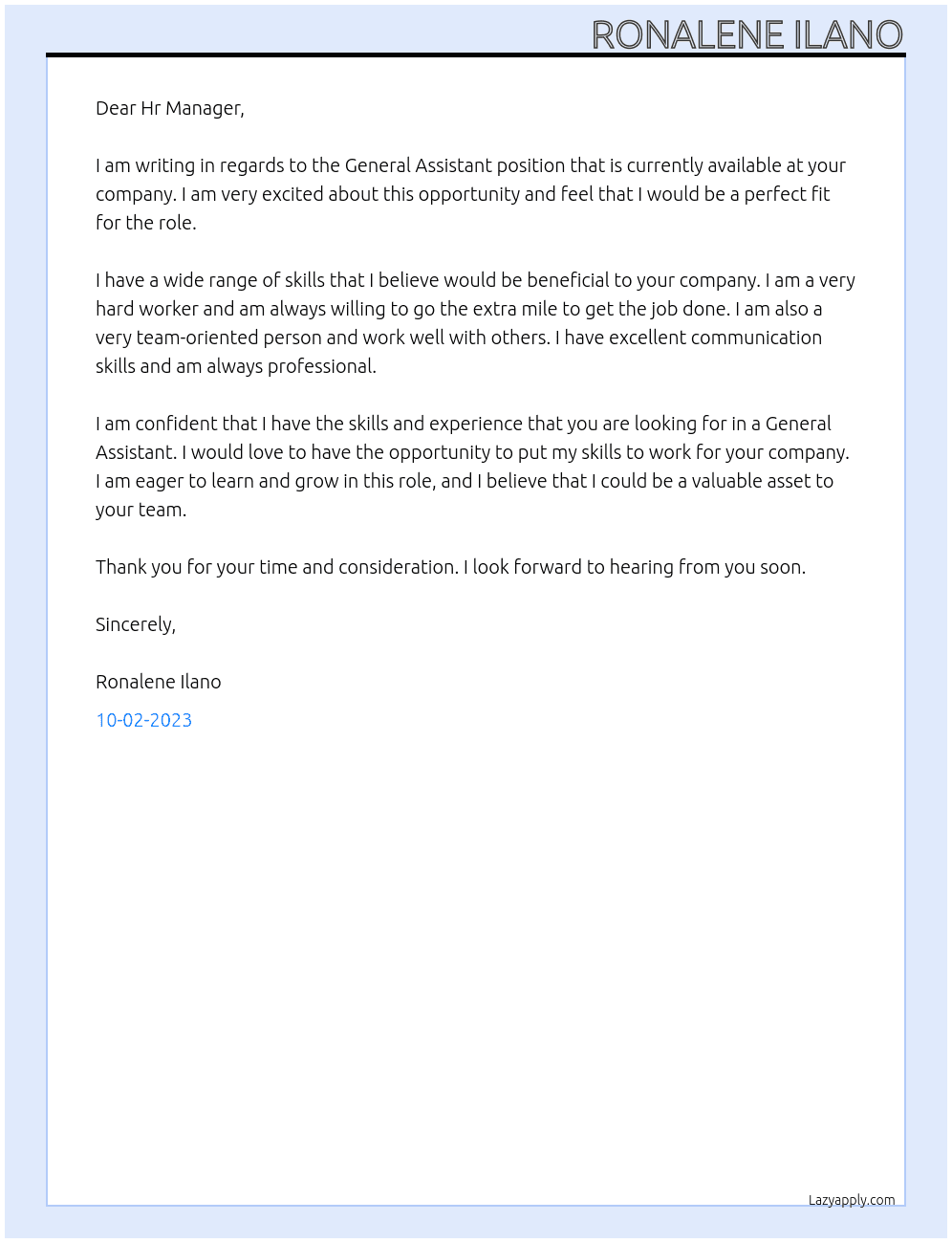 General Assistant At Ronalene Ilano Cover Letter