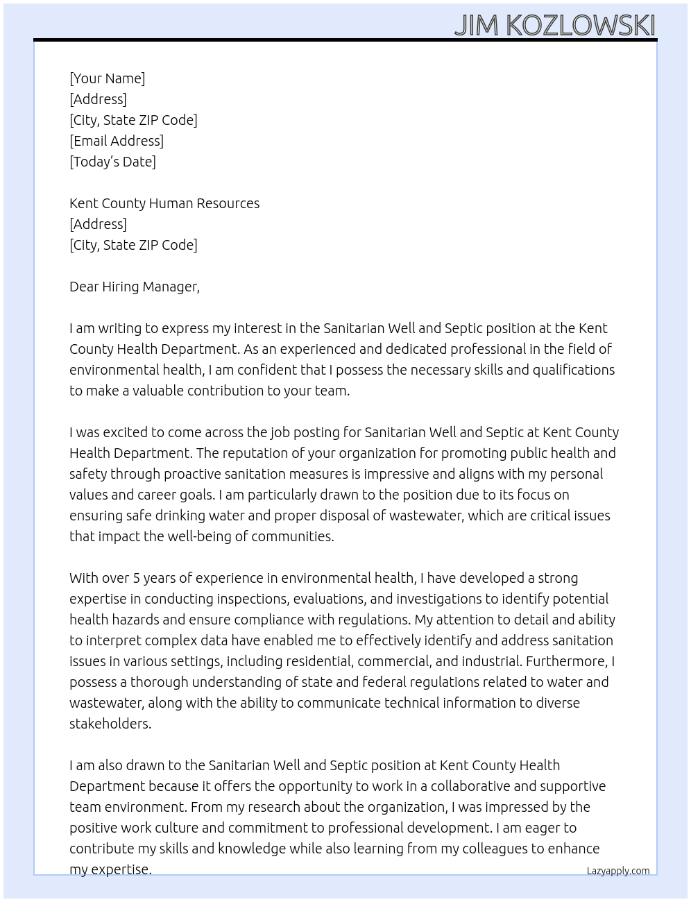 Sanitarian Well and Septic At Kent County Health Department Cover Letter