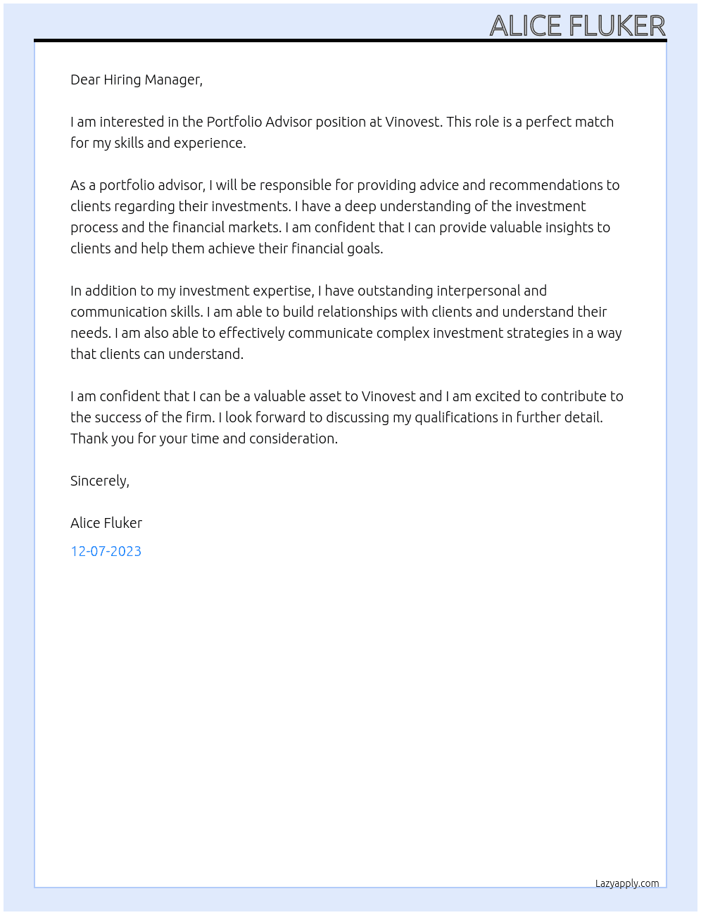 Portfolio Advisor At Vinovest Cover Letter