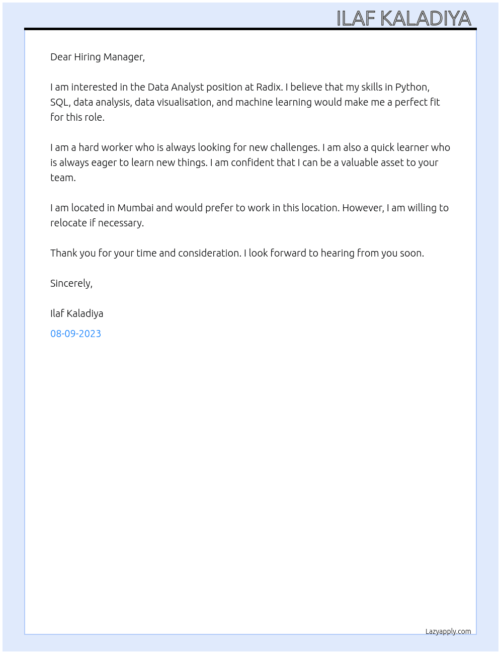 Data analyst  At Radix Cover Letter