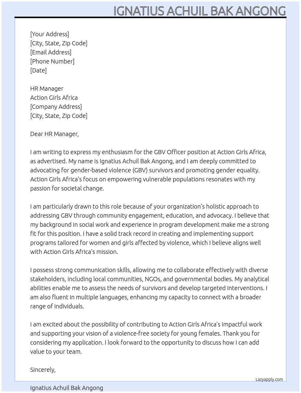 GBV Officer At Action Girls Africa  Cover Letter