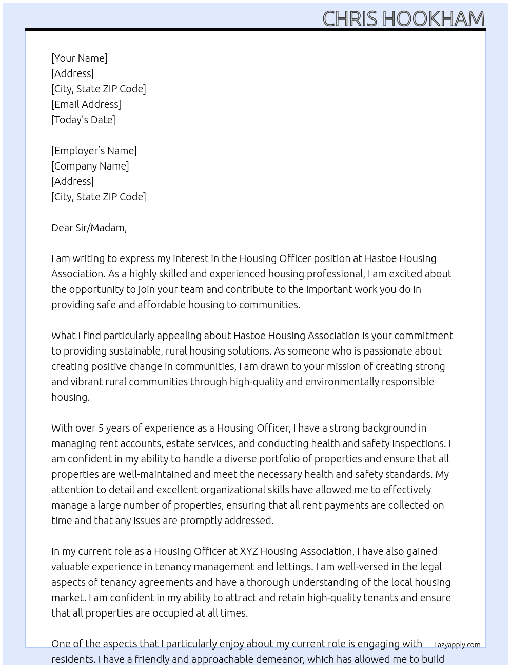 Housing Officer At Hastoe Housing Association  Cover Letter