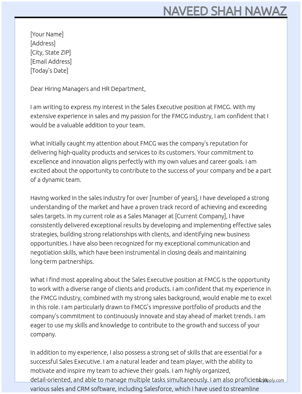Sale executive At FMCG  Cover Letter
