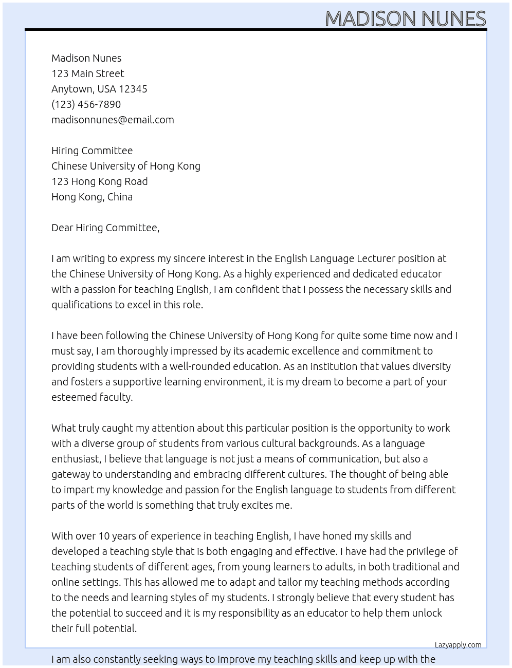 English Language Lecturer At Chinese University of Hong Kong Cover Letter