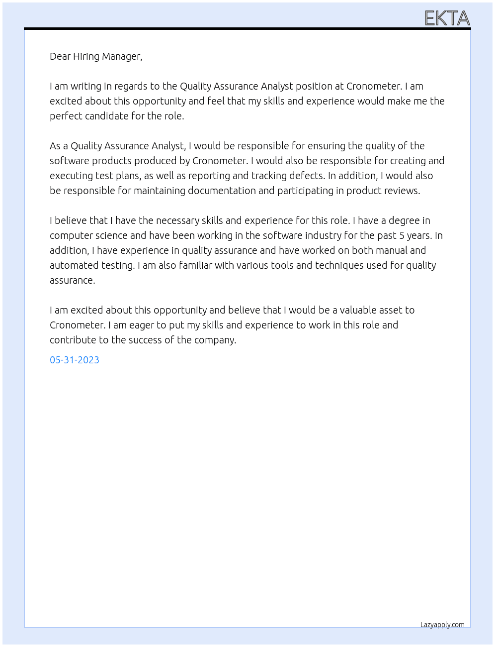 Quality Assurance Analyst At Cronometer  Cover Letter