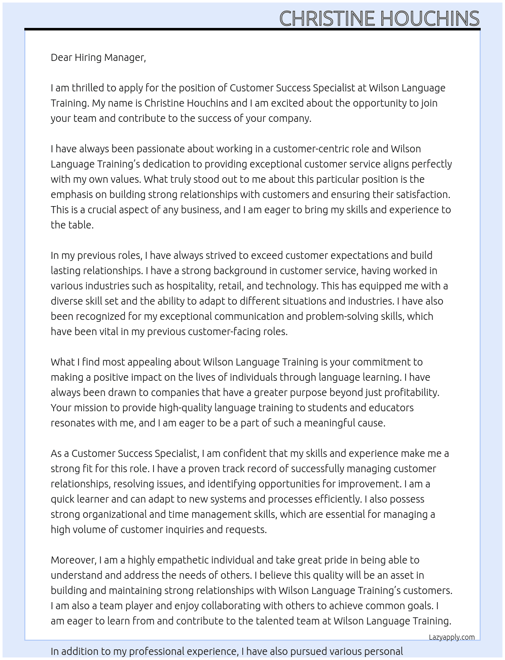 Customer Success Specialist  At Wilson Language Training Cover Letter