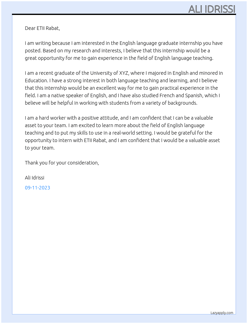 English language graduate At ETII Rabat Cover Letter