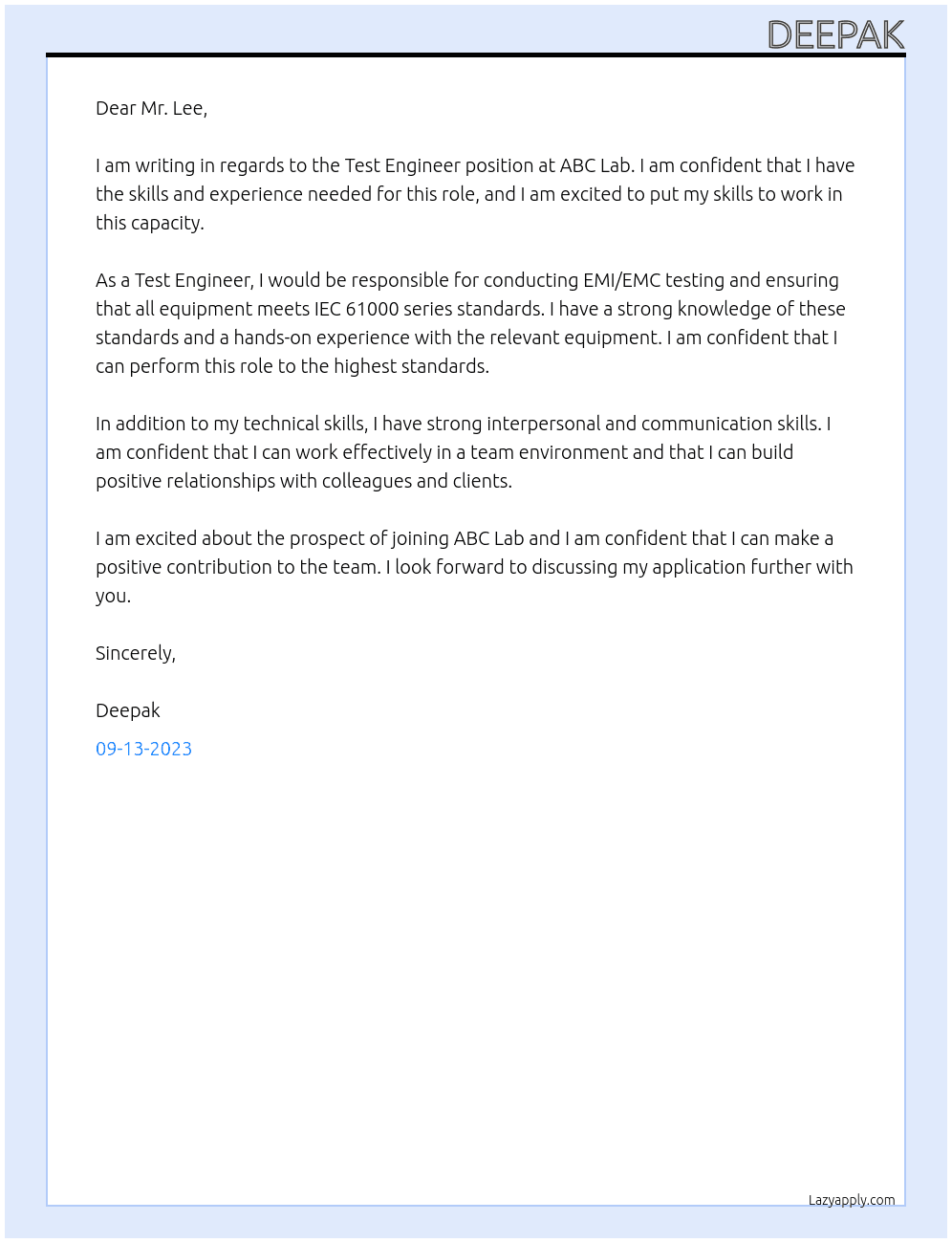 Test Engineer At ABC Lab Cover Letter