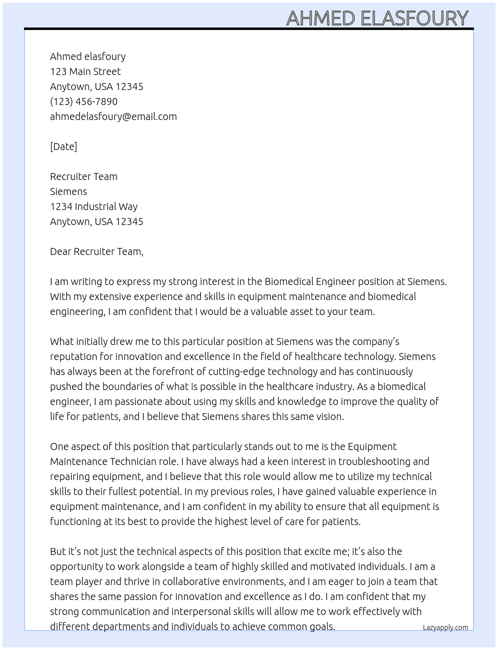 biomedical engineer  At siemens Cover Letter