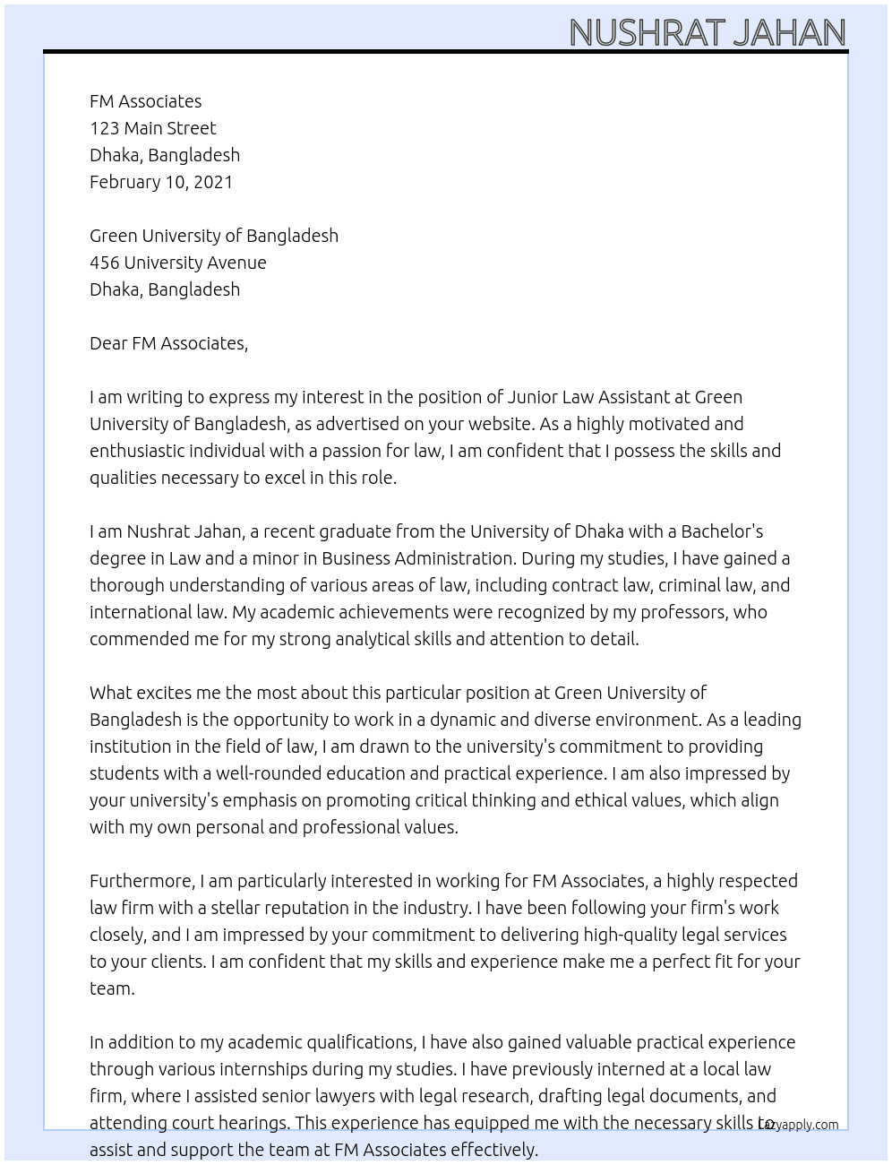 Junior law assistant At Green University of Bangladesh Cover Letter