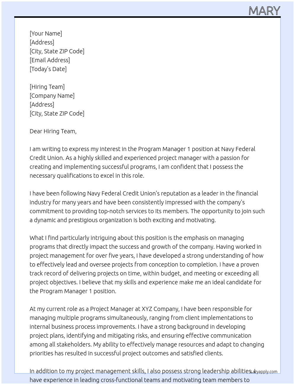 Program Manager 1 At Navy Federal Credit Union Cover Letter