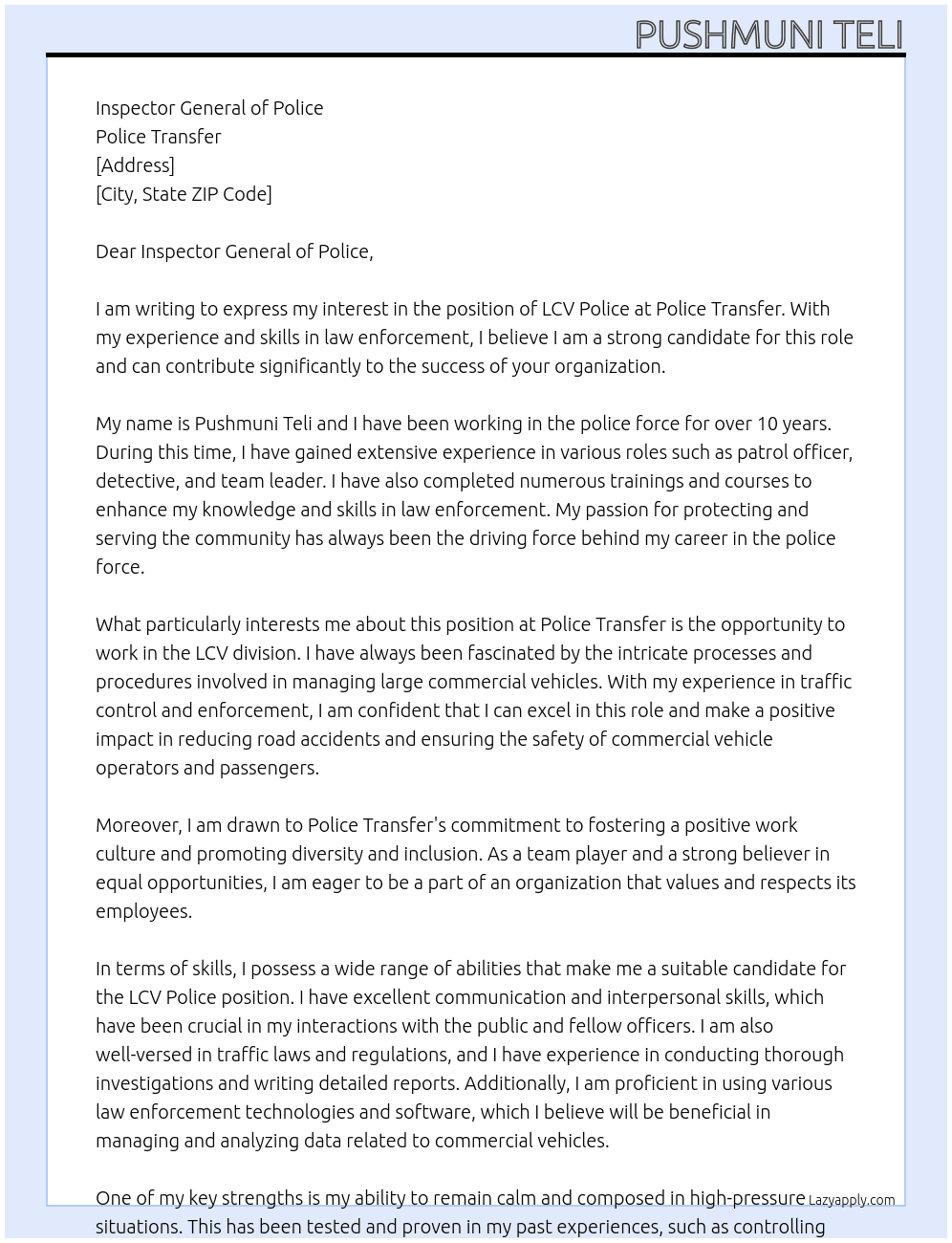 LCV Police At Police transfer Cover Letter