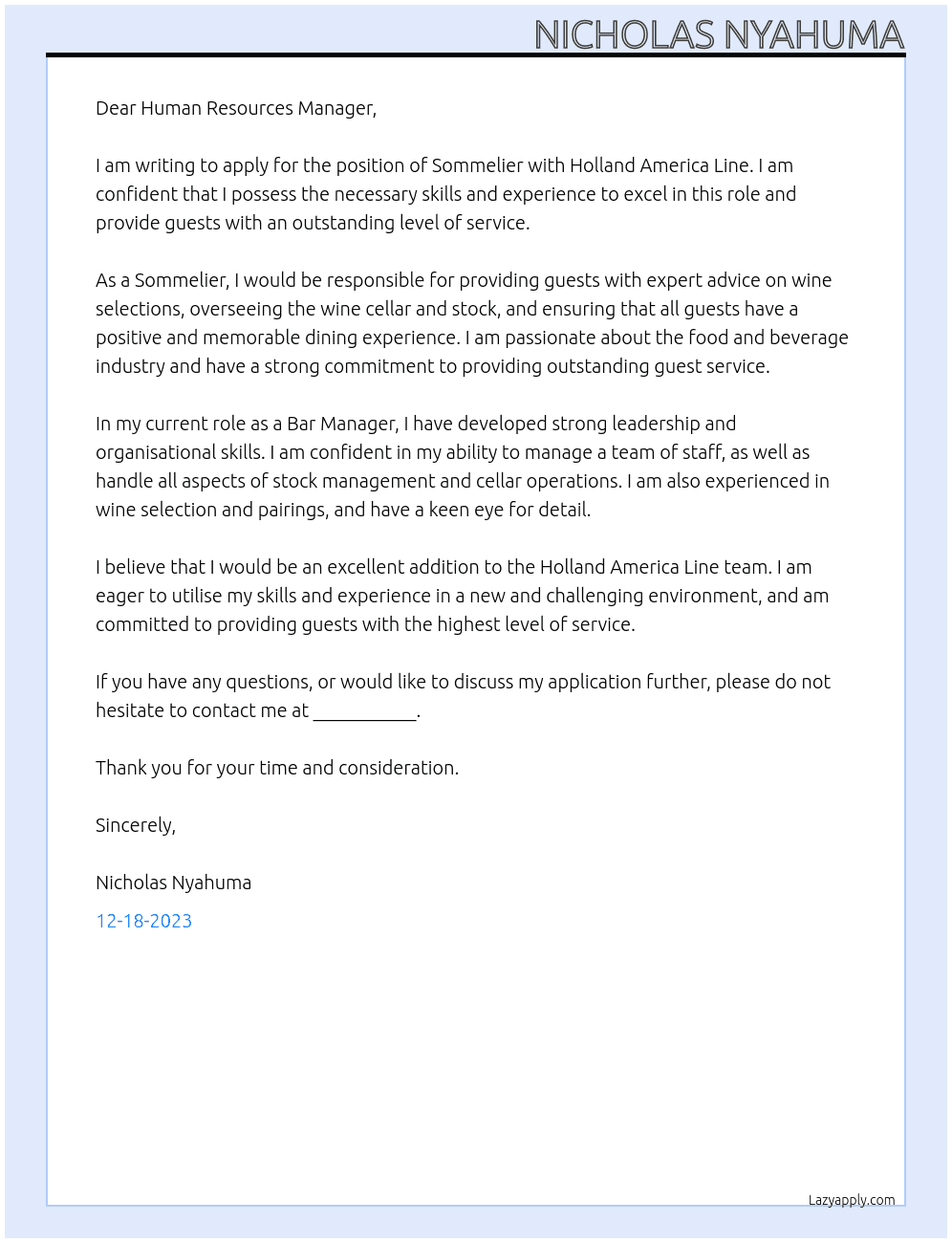 Sommelier At Holland America Line Cover Letter