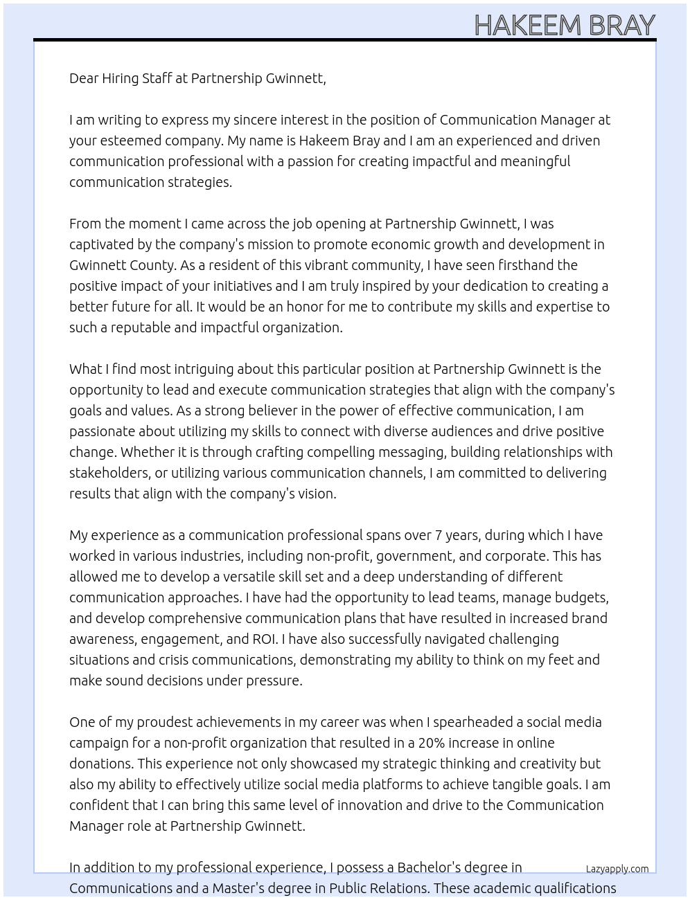 Communication Manager  At Partnership Gwinnett Cover Letter