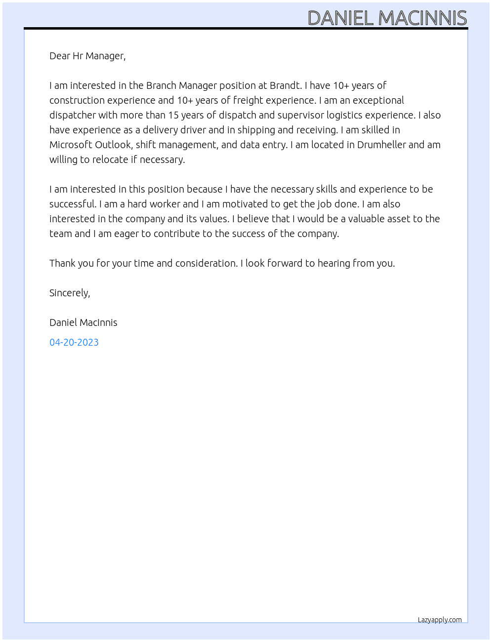 Branch Manager At Brandt Cover Letter