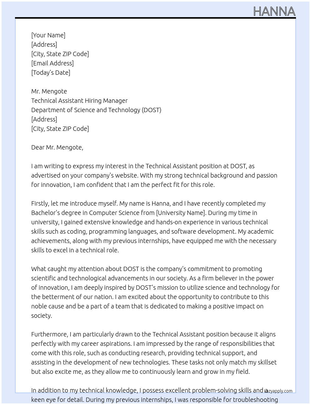 technical assistant At DOST Cover Letter