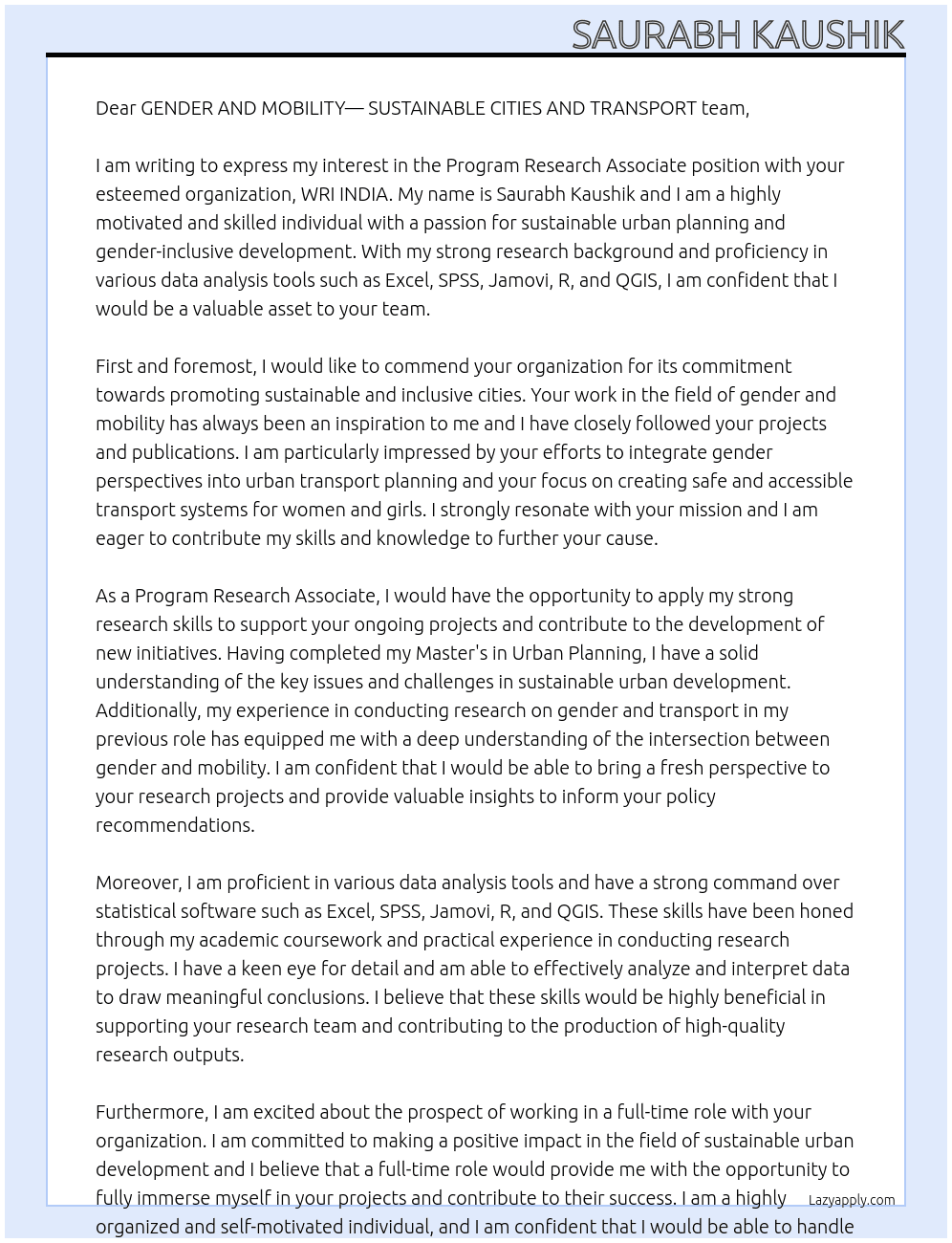 PROGRAM RESEARCH ASSOCIATE At GENDER AND MOBILITY— SUSTAINABLE CITIES AND TRANSPORT, WRI INDIA Cover Letter