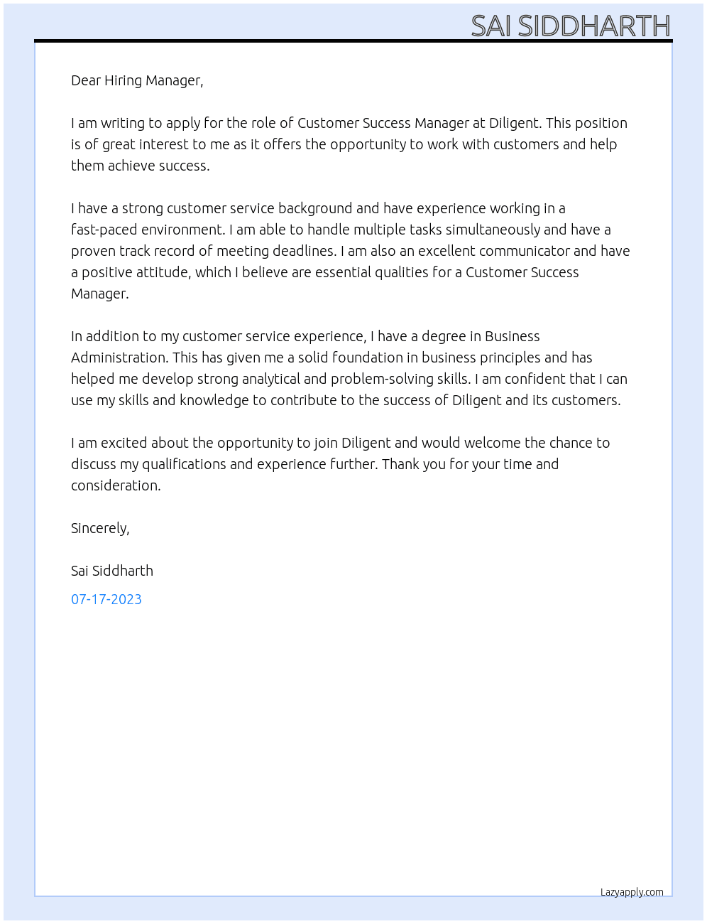 Customer Success Manager At Diligent  Cover Letter