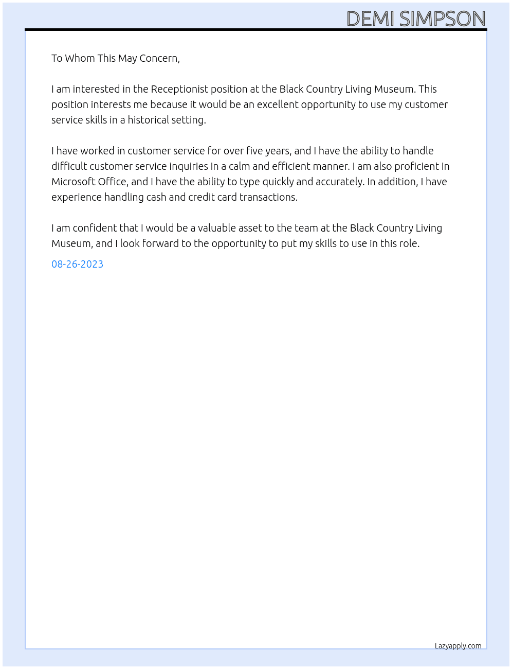 Receptionist  At Black Country Living Museum  Cover Letter