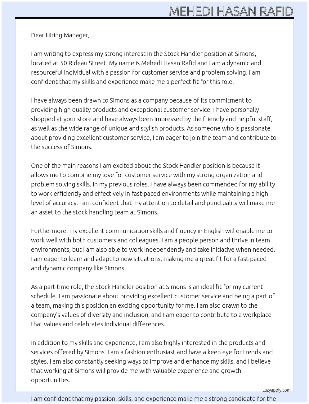 Stock Handler At Simons Cover Letter