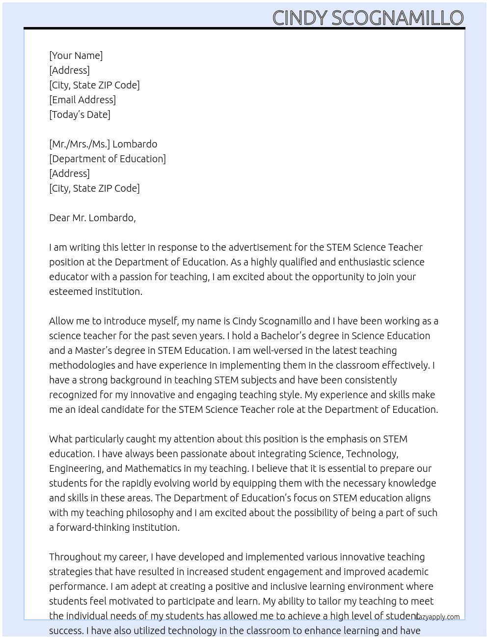 STEM SCIENCE Teacher At Deprtment of Education Cover Letter