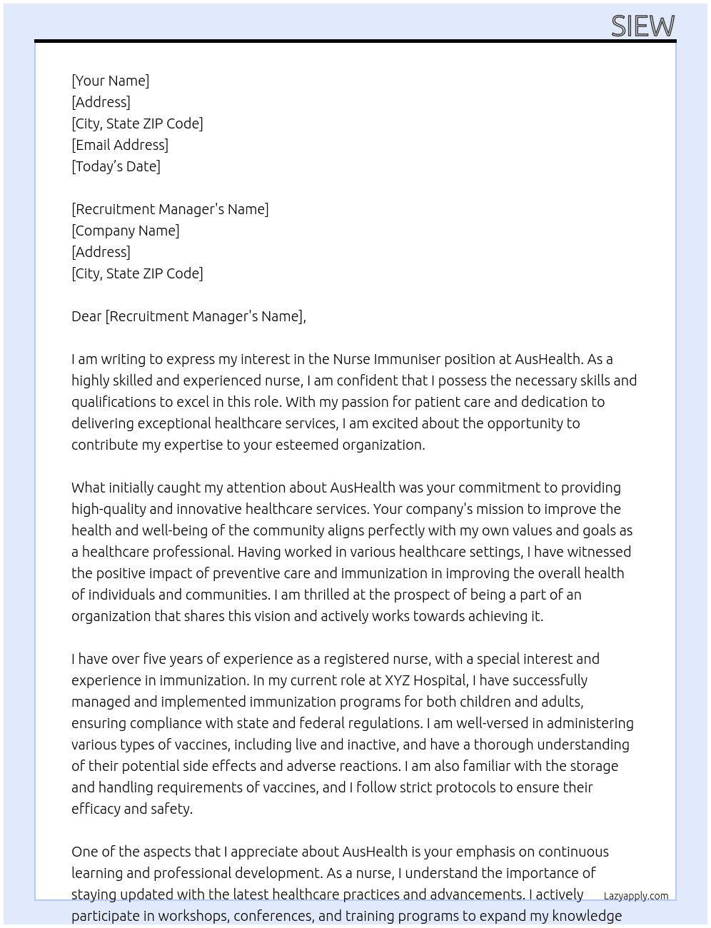 Nurse immuniser At AusHealth Cover Letter