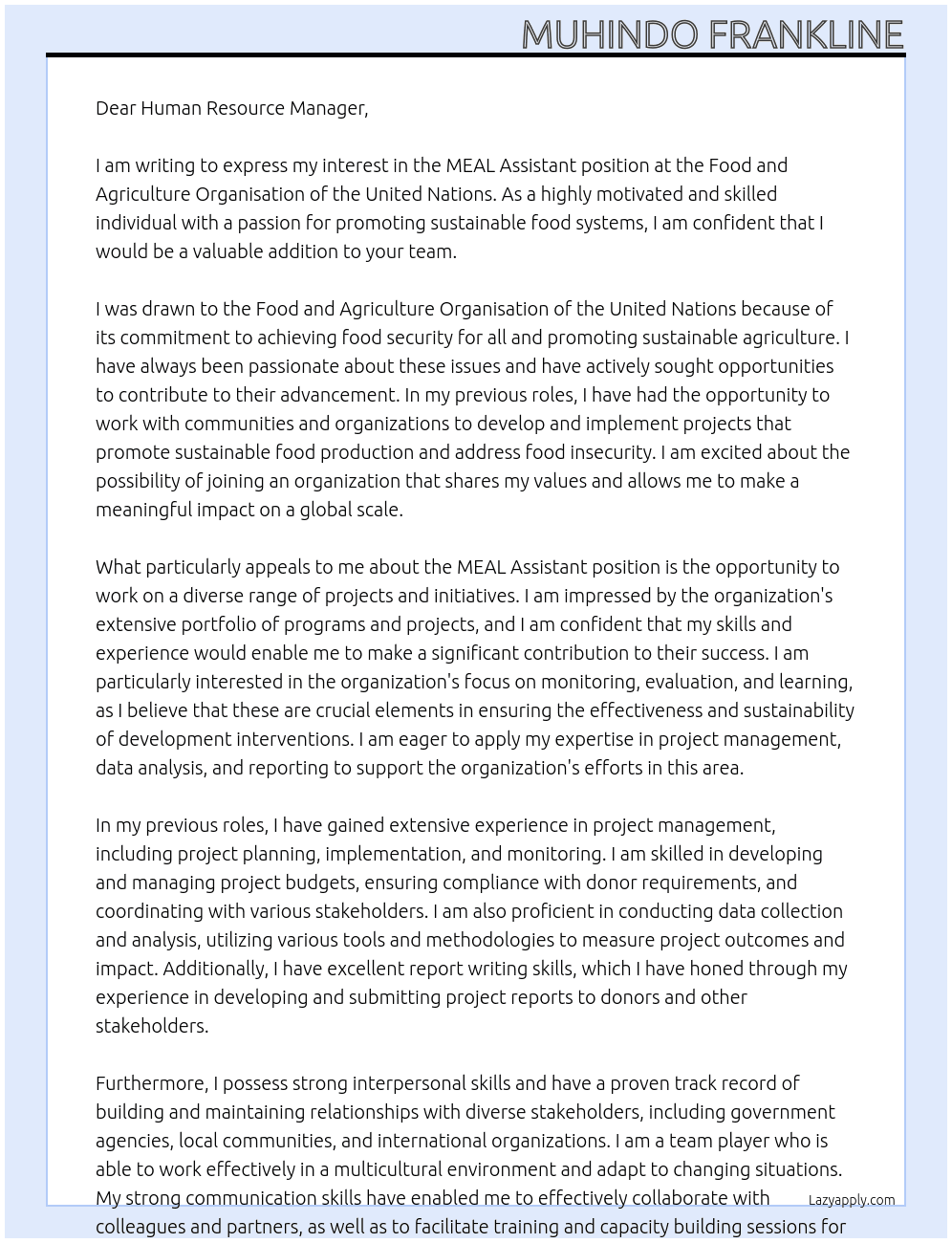 MEAL Assistant At FOOD AND AGRICULTURE ORGANISATION OF THE UNITED NATIONS Cover Letter