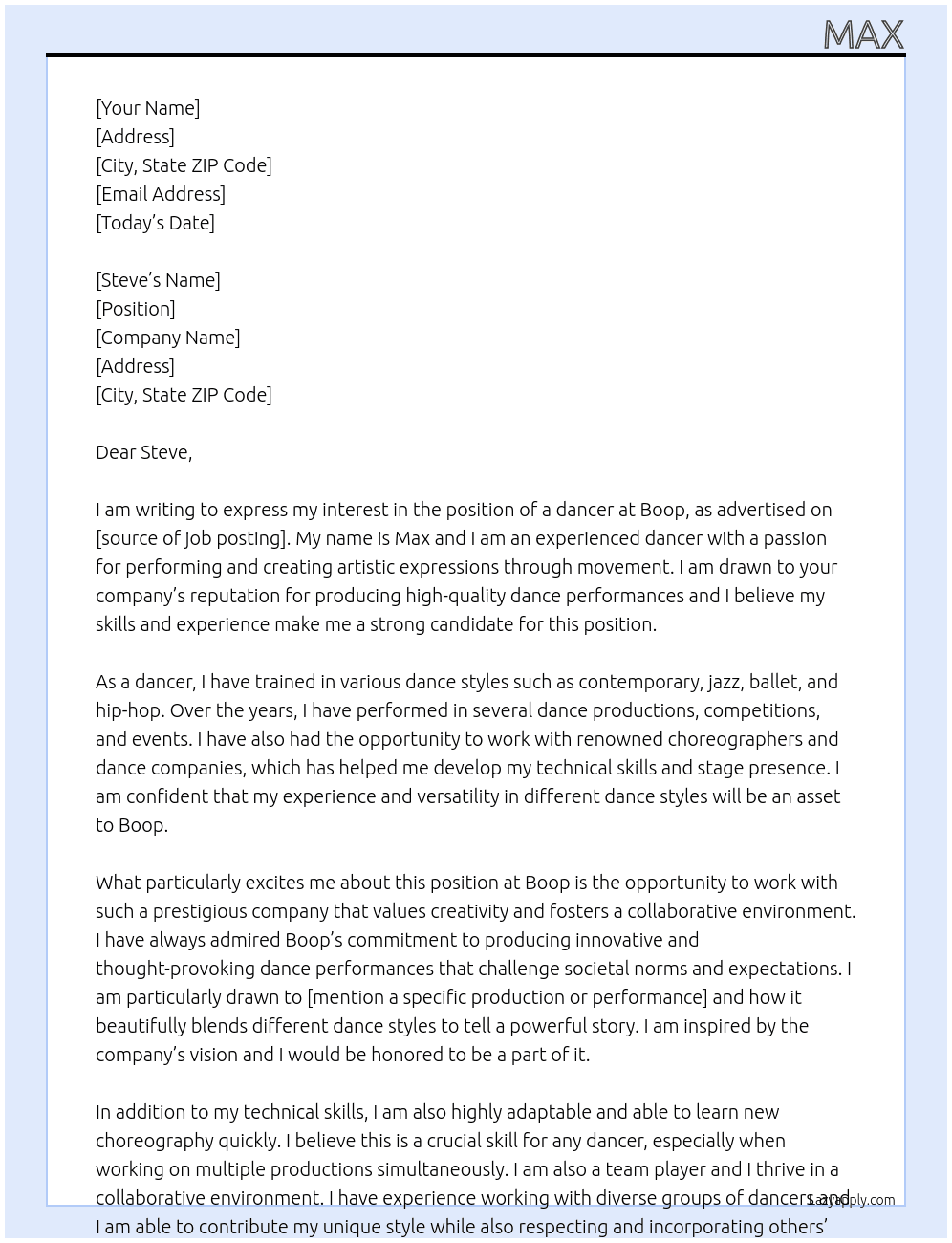 dancer At boop Cover Letter
