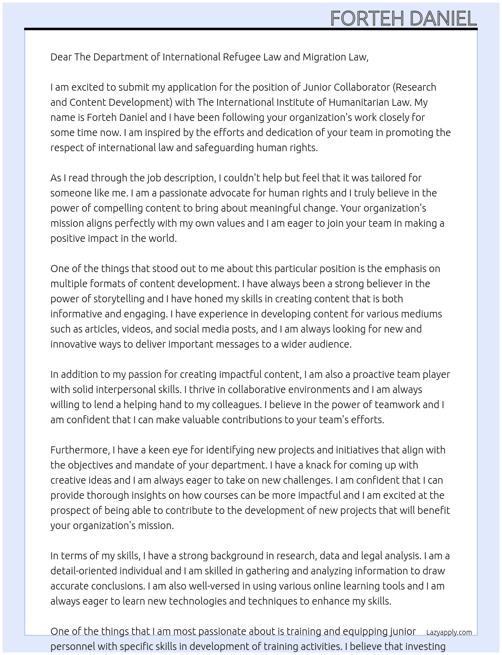 Junior Collaborator (Research and Content Development) At The DepartmenThe International Institute of Humanitarian Law Cover Letter