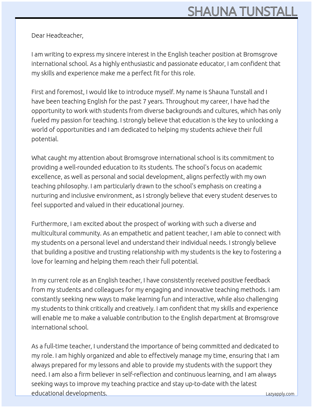 English teacher  At Bromsgrove international school Cover Letter