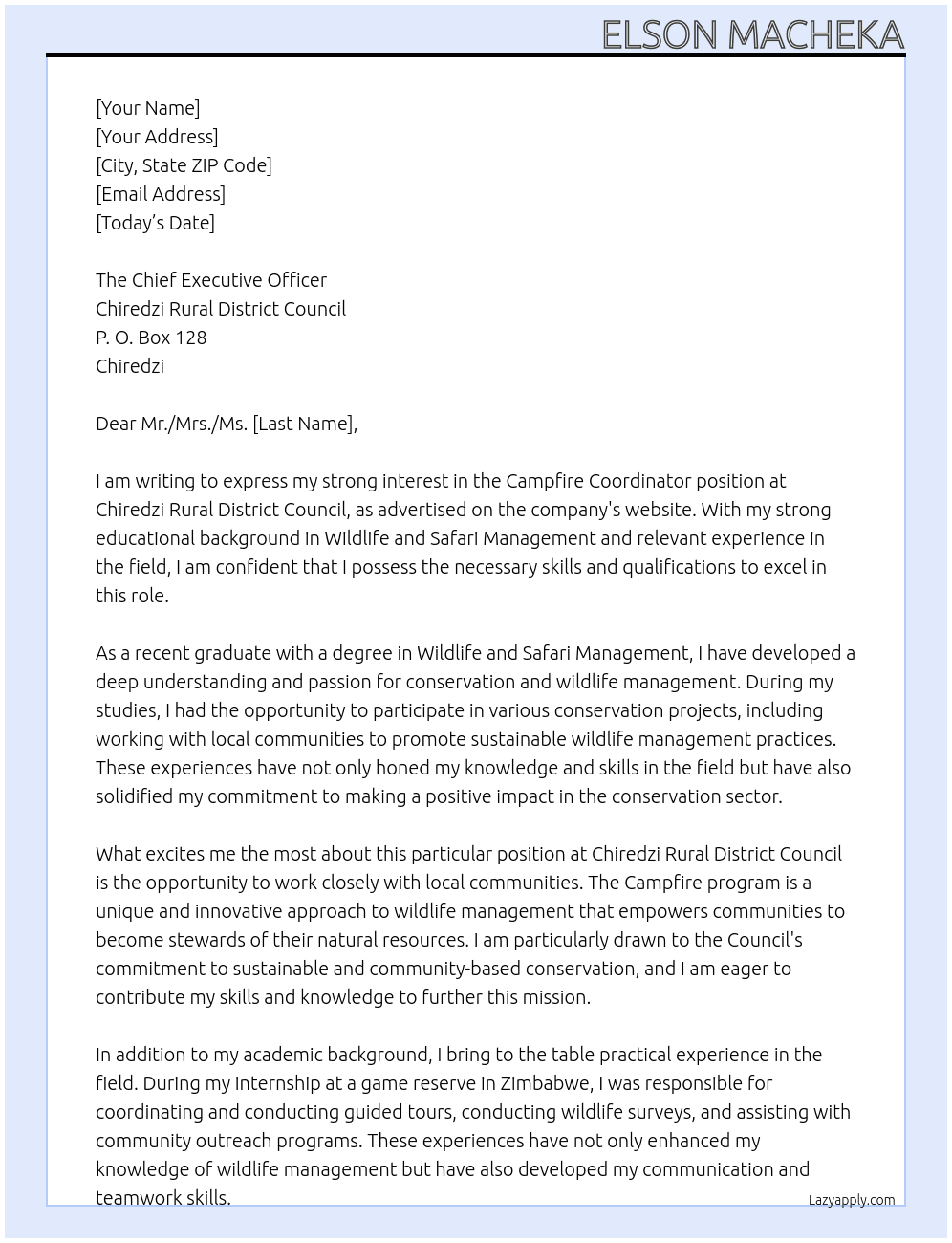 Campfire Coordinator At Chiredzi Rural District Council Cover Letter