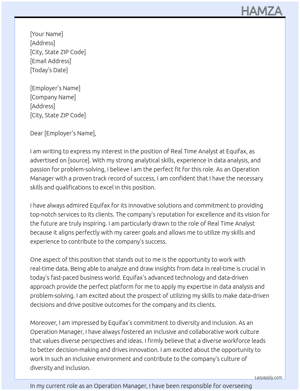 real time analyst At Equifax Cover Letter