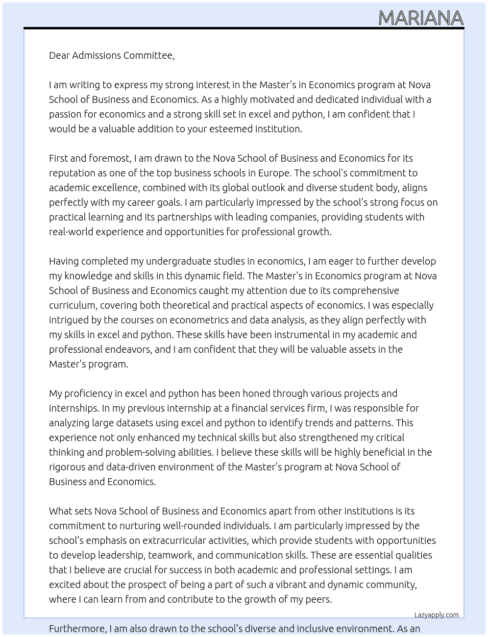 Master's in Economics At Nova School of Business and Economics Cover Letter