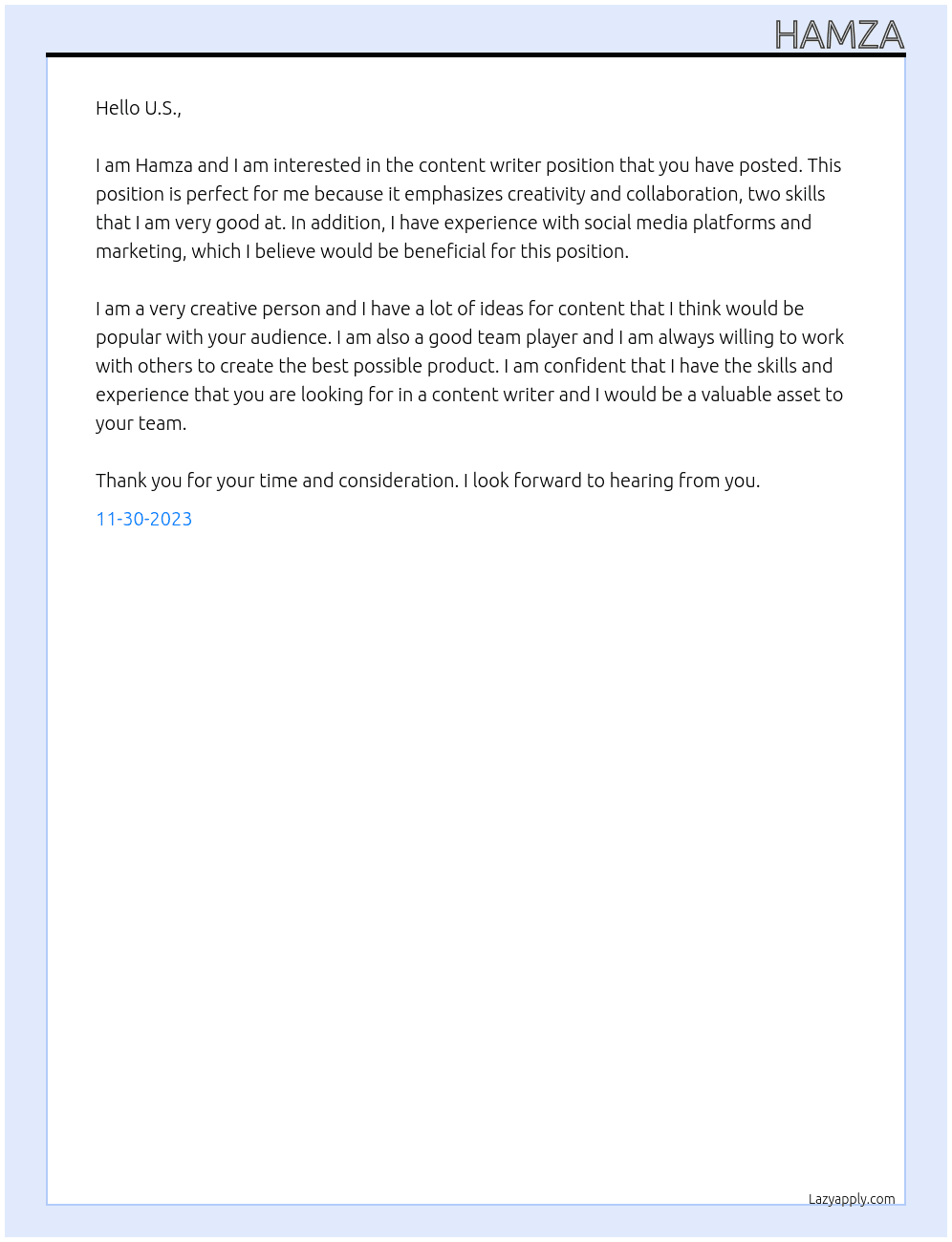 Content writer needed At U S Cover Letter