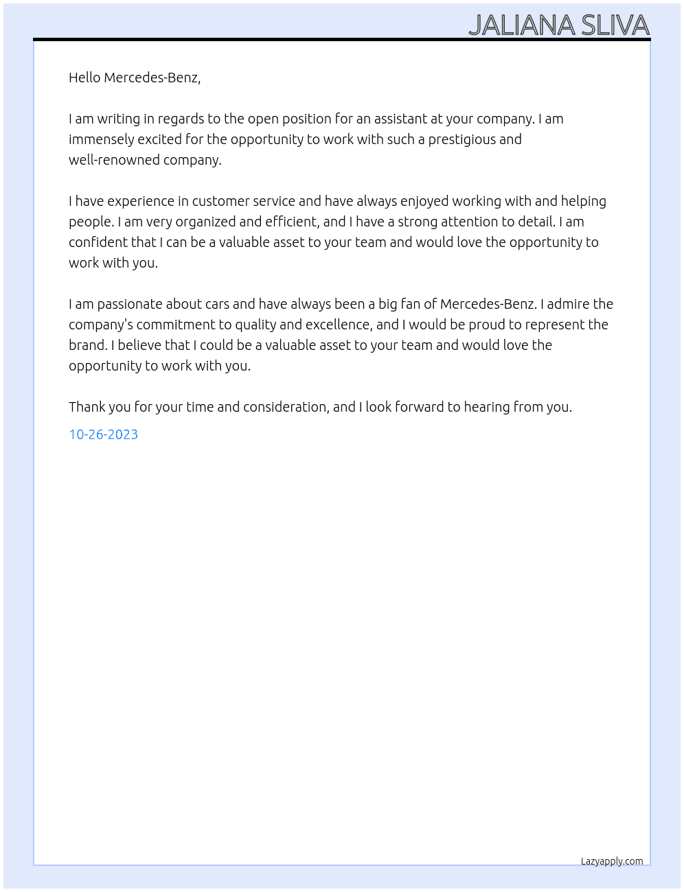 assistance  At MERCEDES-BENZ Cover Letter