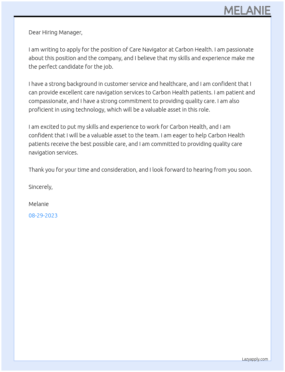 Care Navigator  At Carbon Health Cover Letter