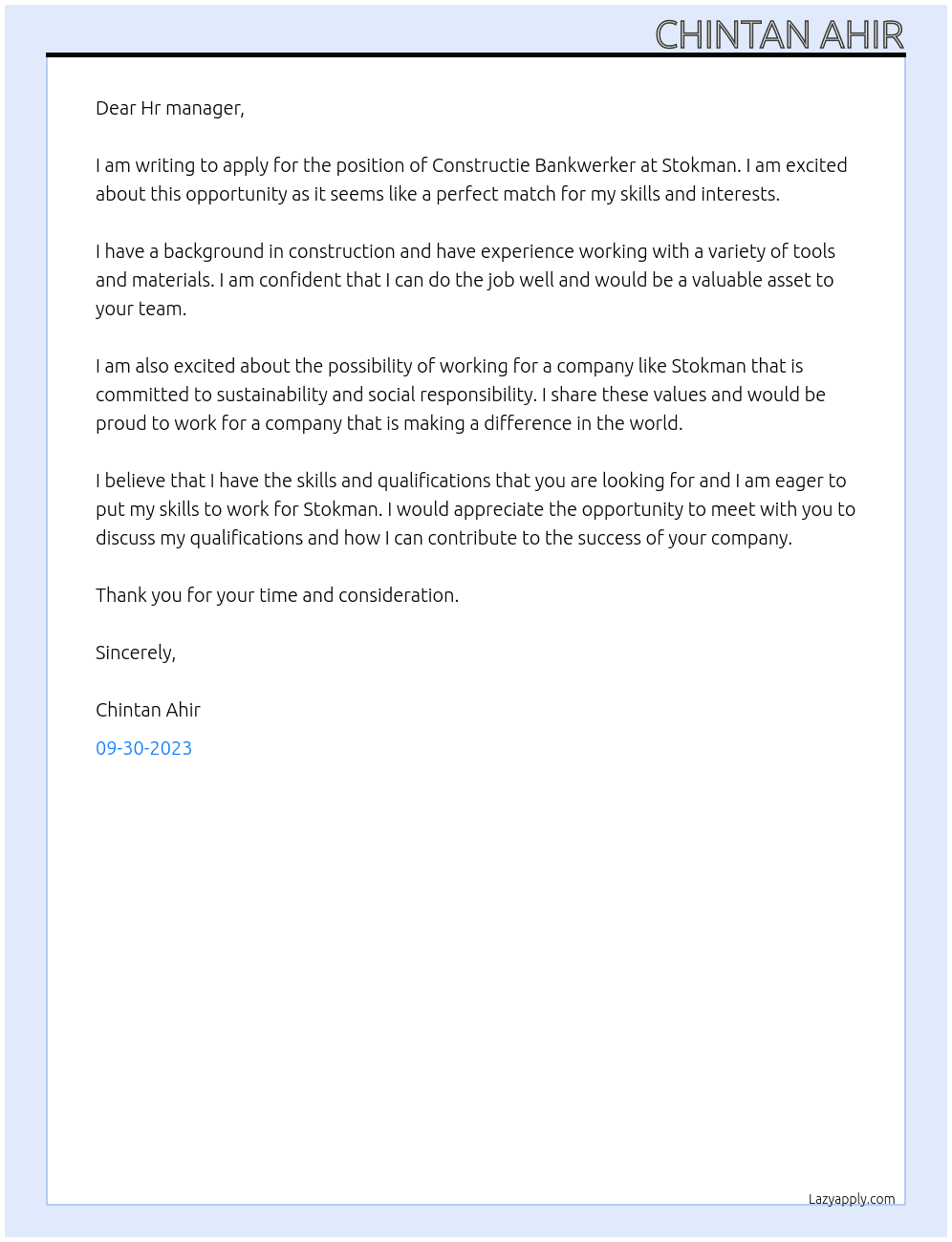 Constructie Bankwerker At Stokman  Cover Letter