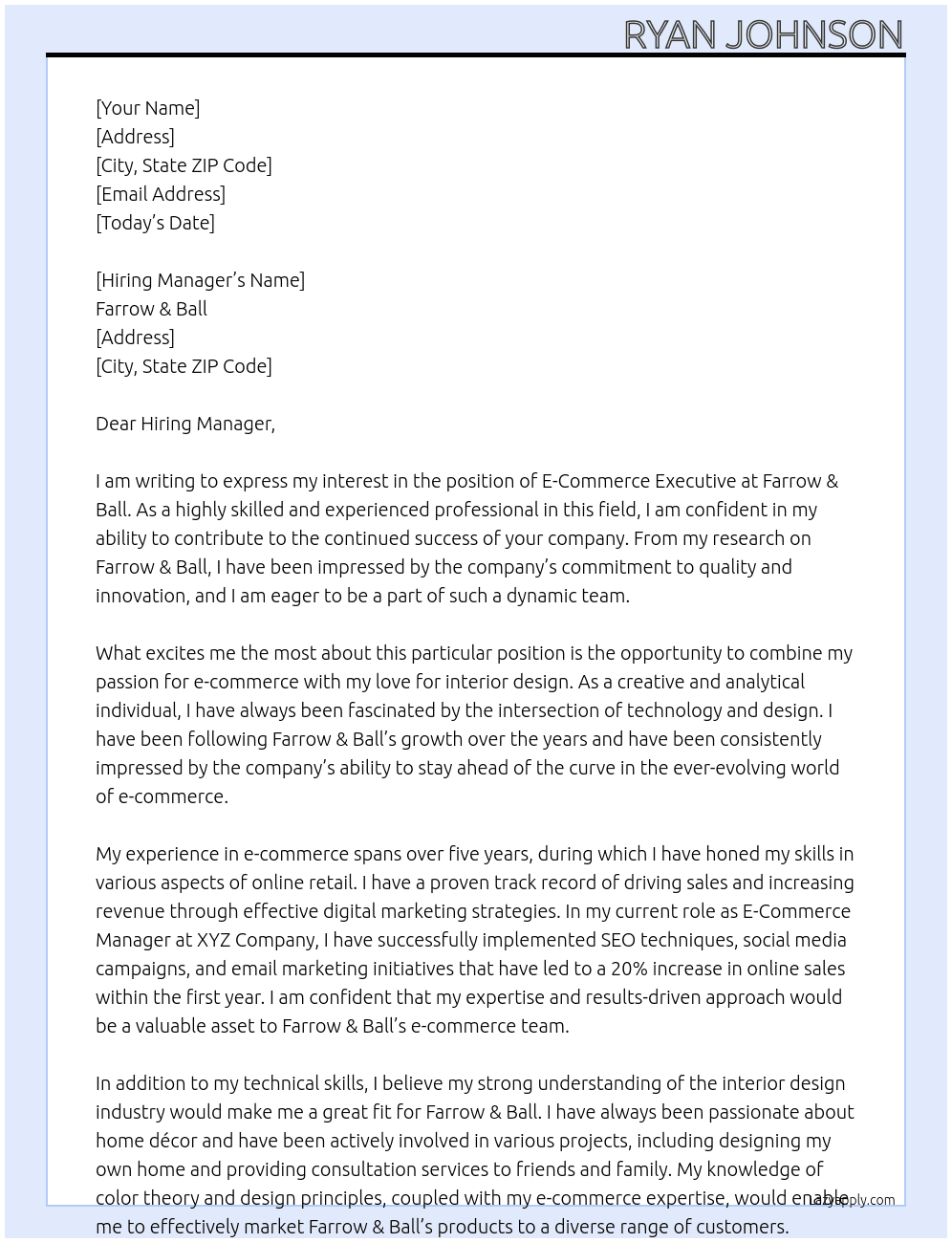 E-Commerce Executive At Farrow & Ball Cover Letter