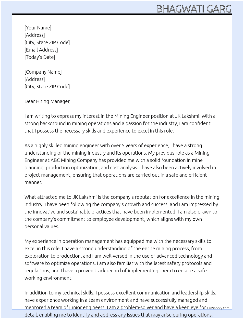 Mining Engineer  At JK Lakshmi Cover Letter