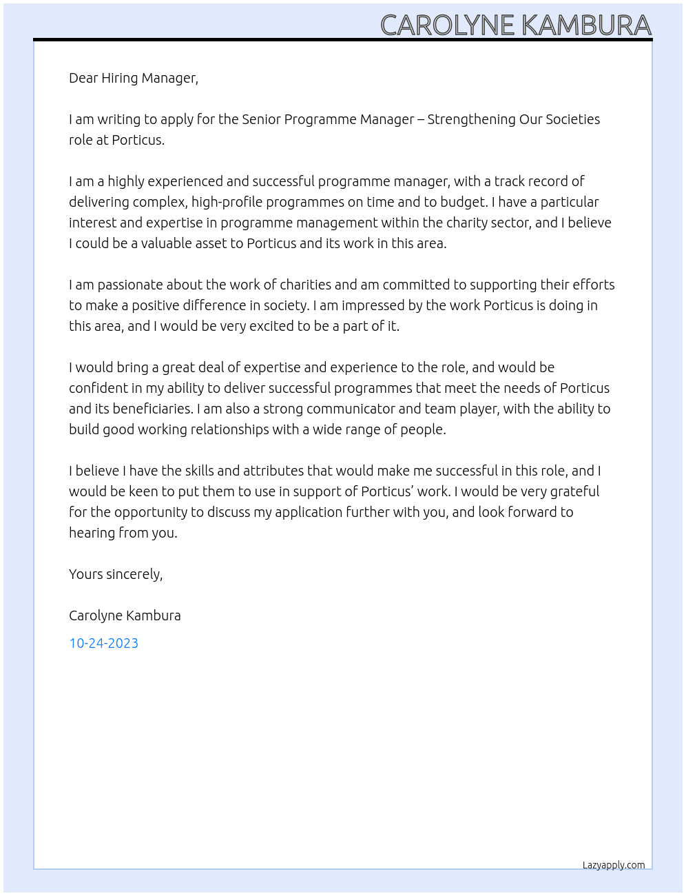 Senior Programme Manager – Strengthening Our Societies At Porticus Cover Letter