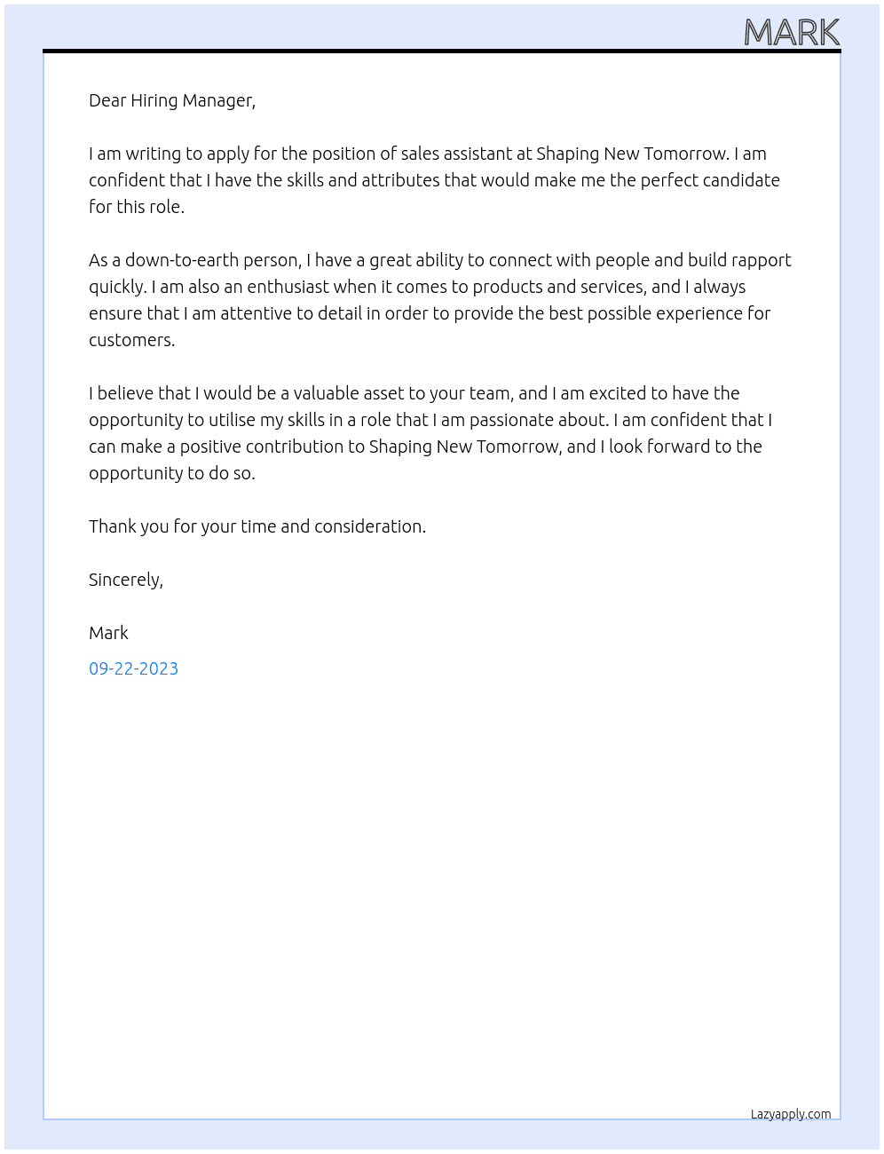 sales assistant At Shaping New Tomorrow Cover Letter