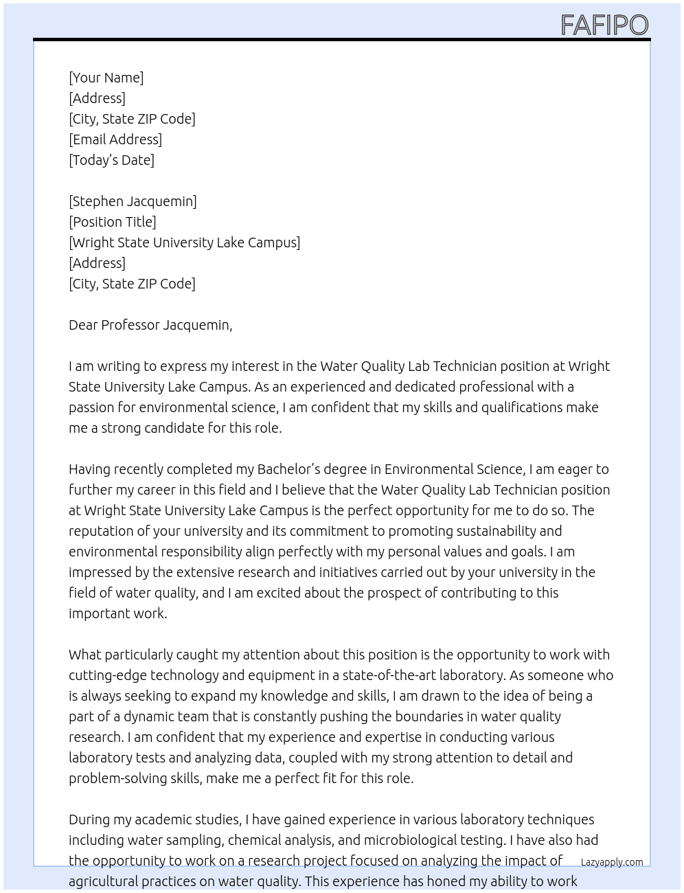 water quality lab technician At wright state university lake campus Cover Letter