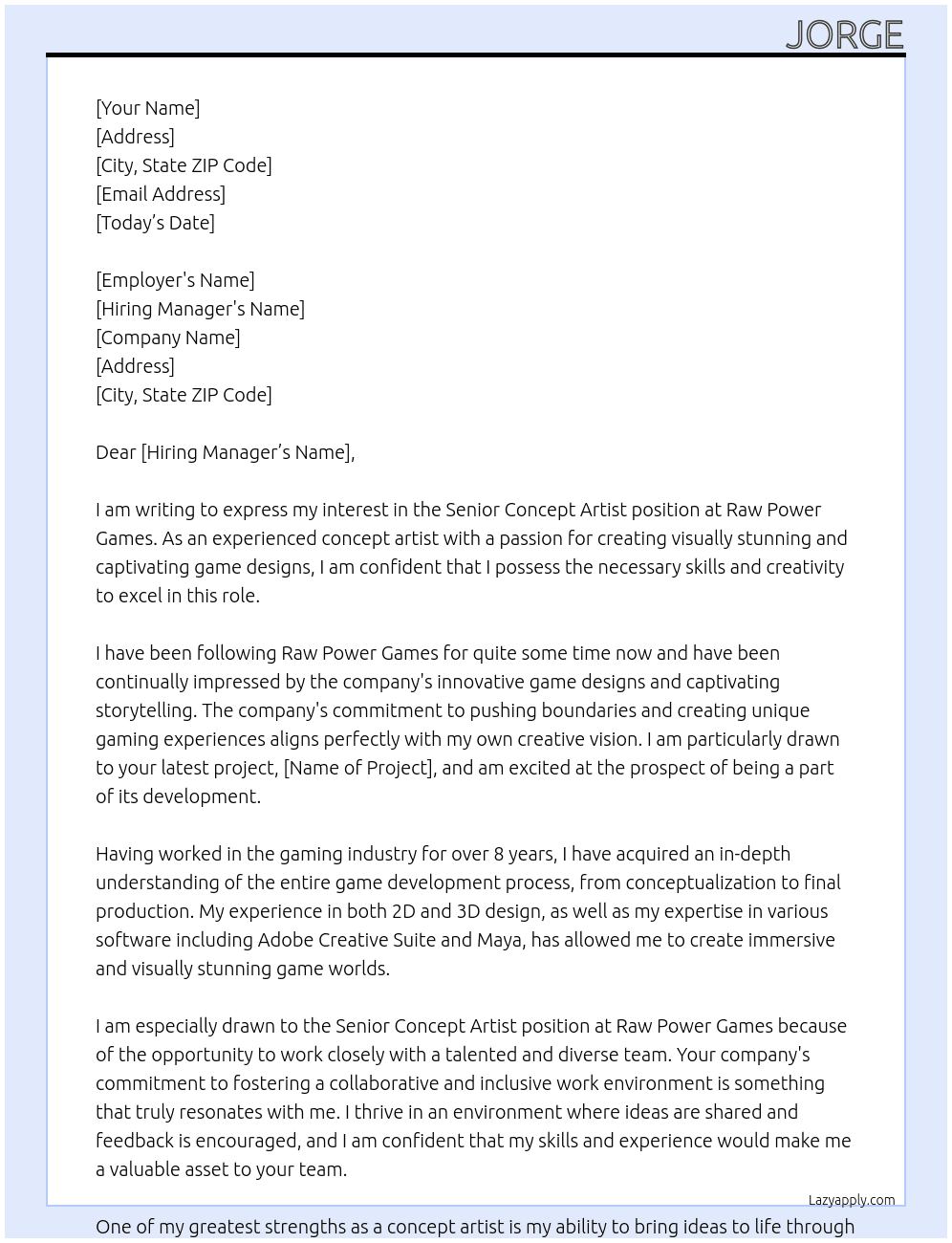 Senior concept artist At raw power games Cover Letter