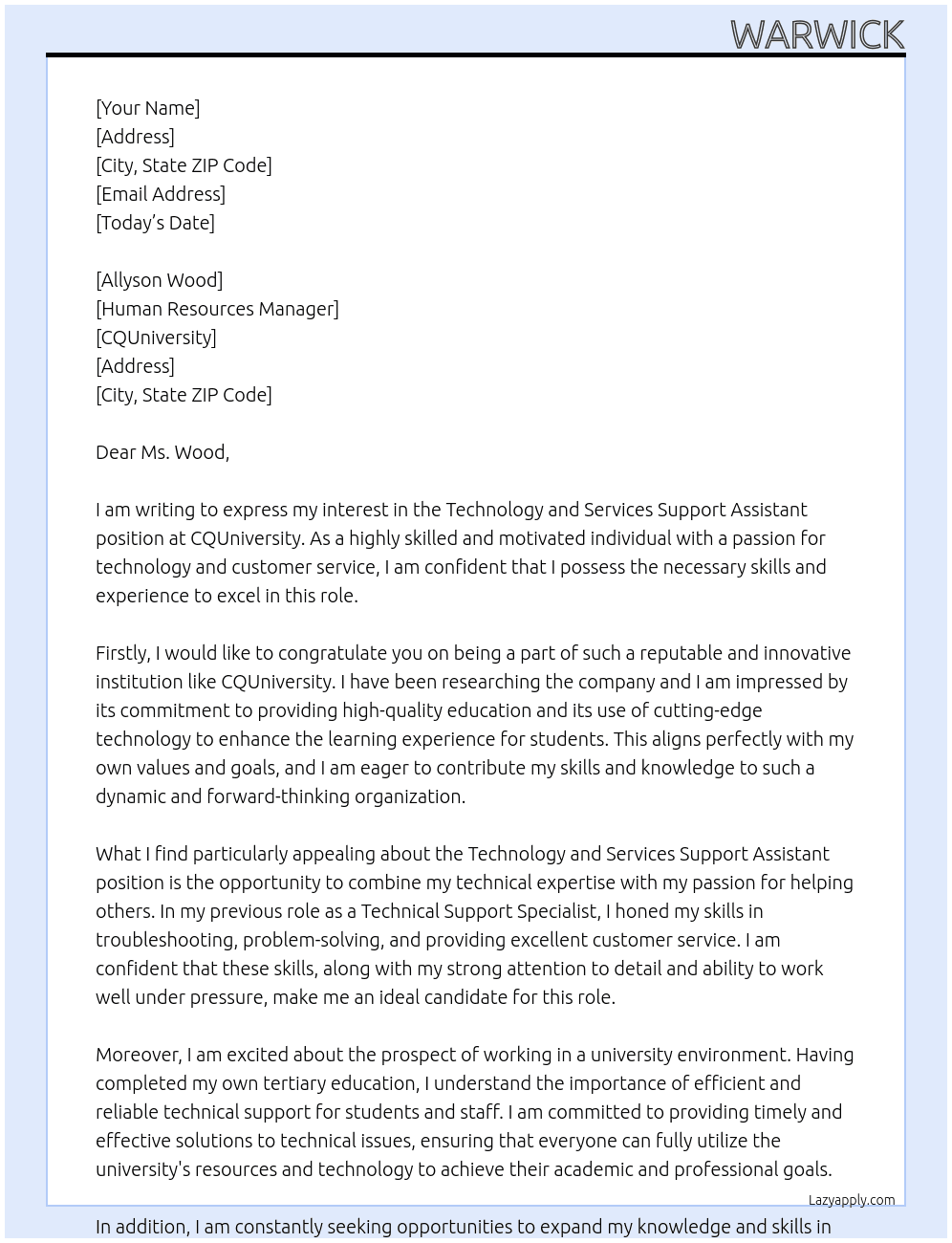 Technology and Services Support Assistant At CQUniversity Cover Letter