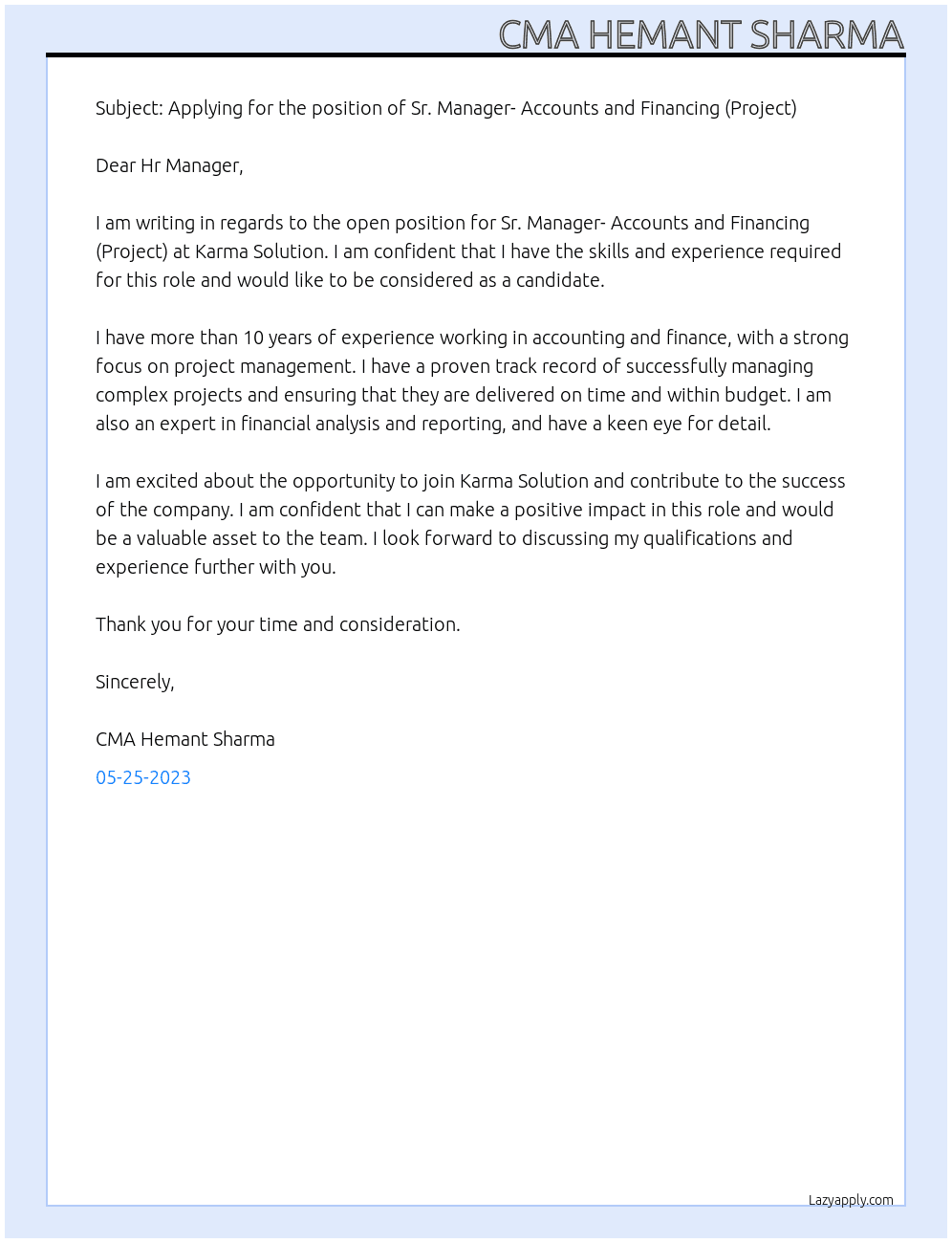 Sr. Manager- Accounts and Financing (Project) At Karma Solution Cover Letter