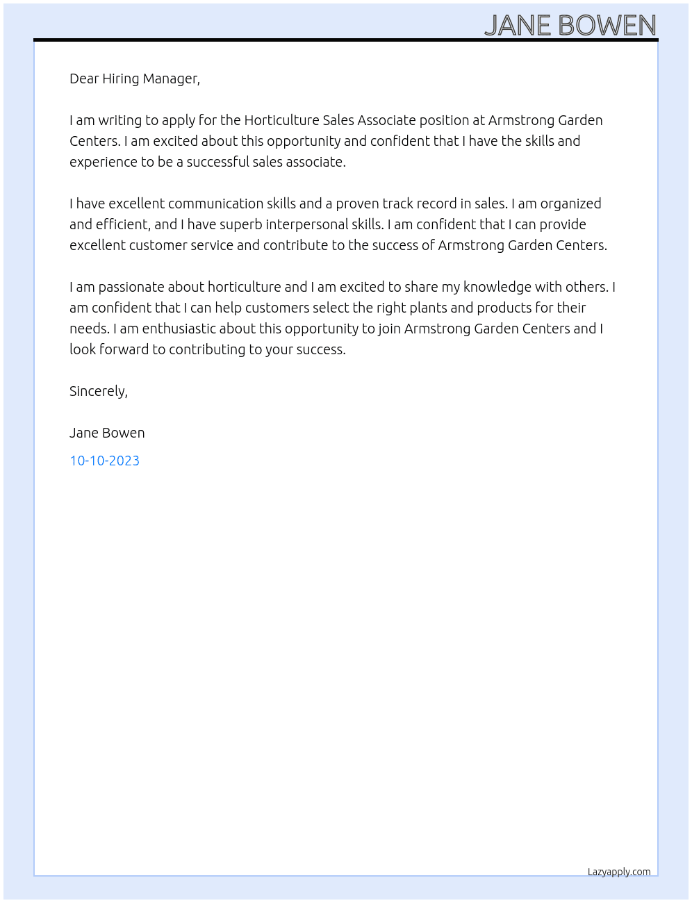 Horticulture Sales Associate  At Armstrong Garden Centers  Cover Letter