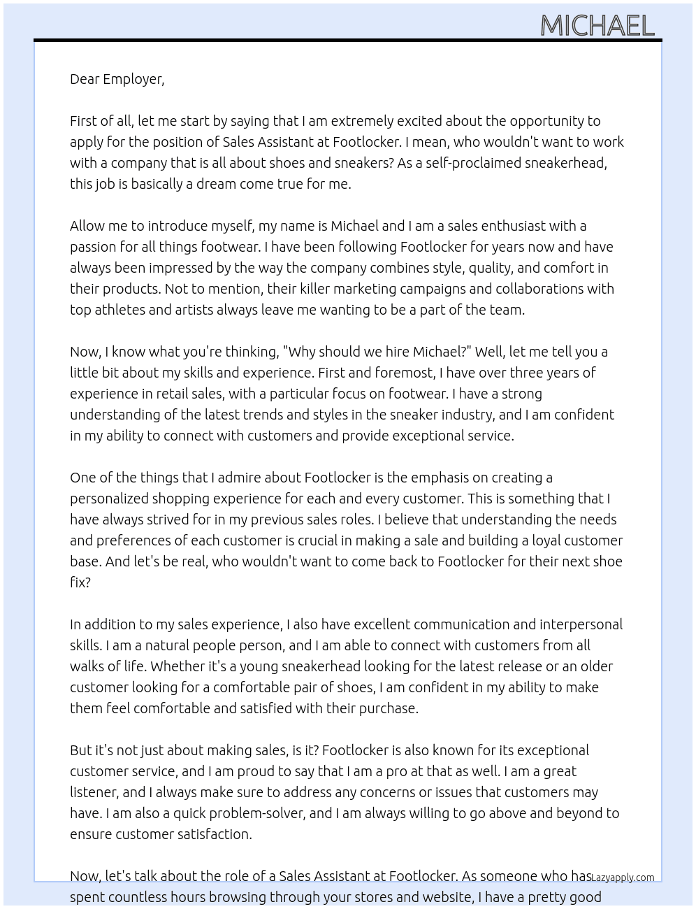 Sales Assistant At Footlocker Cover Letter