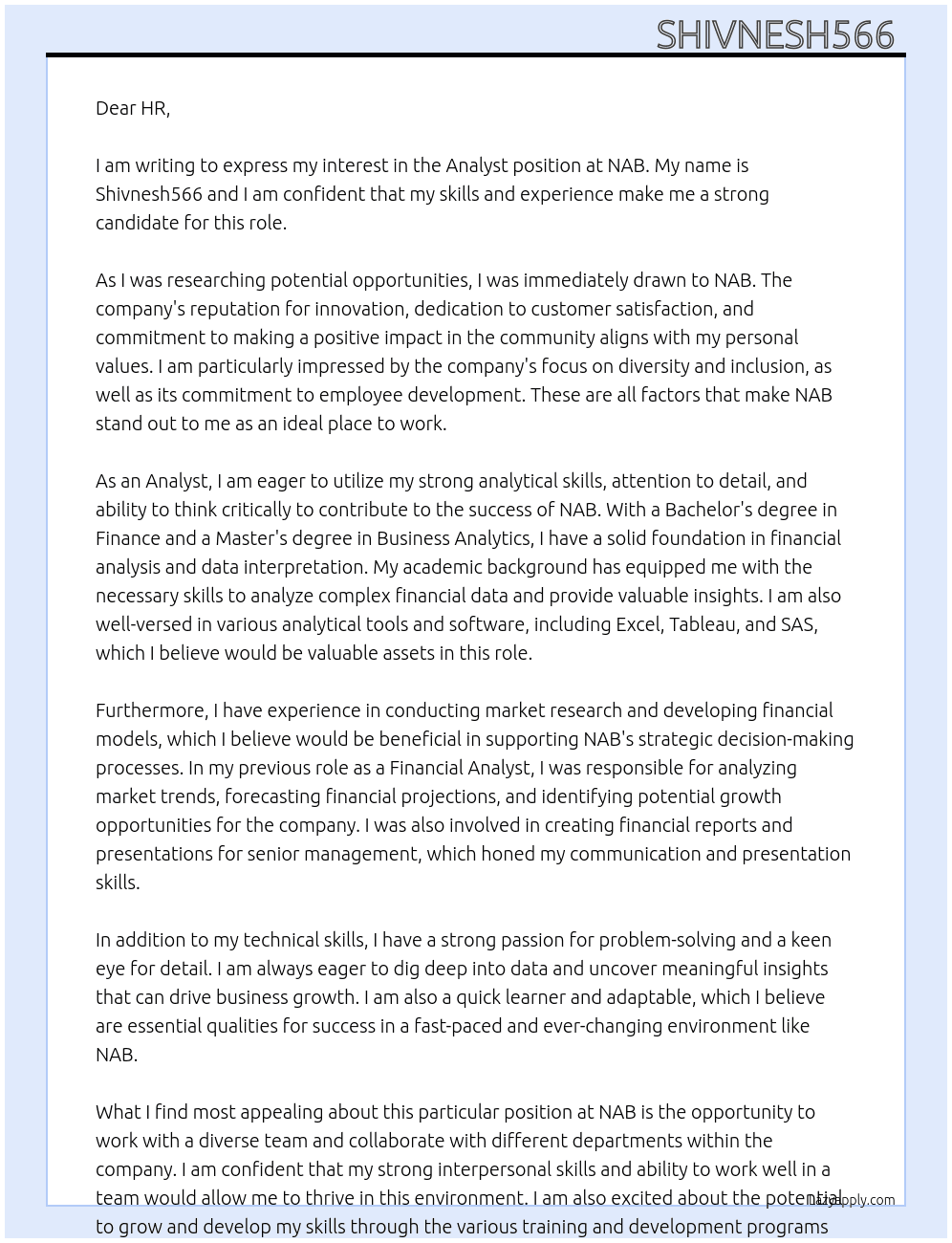 Analyst  At NAB Cover Letter