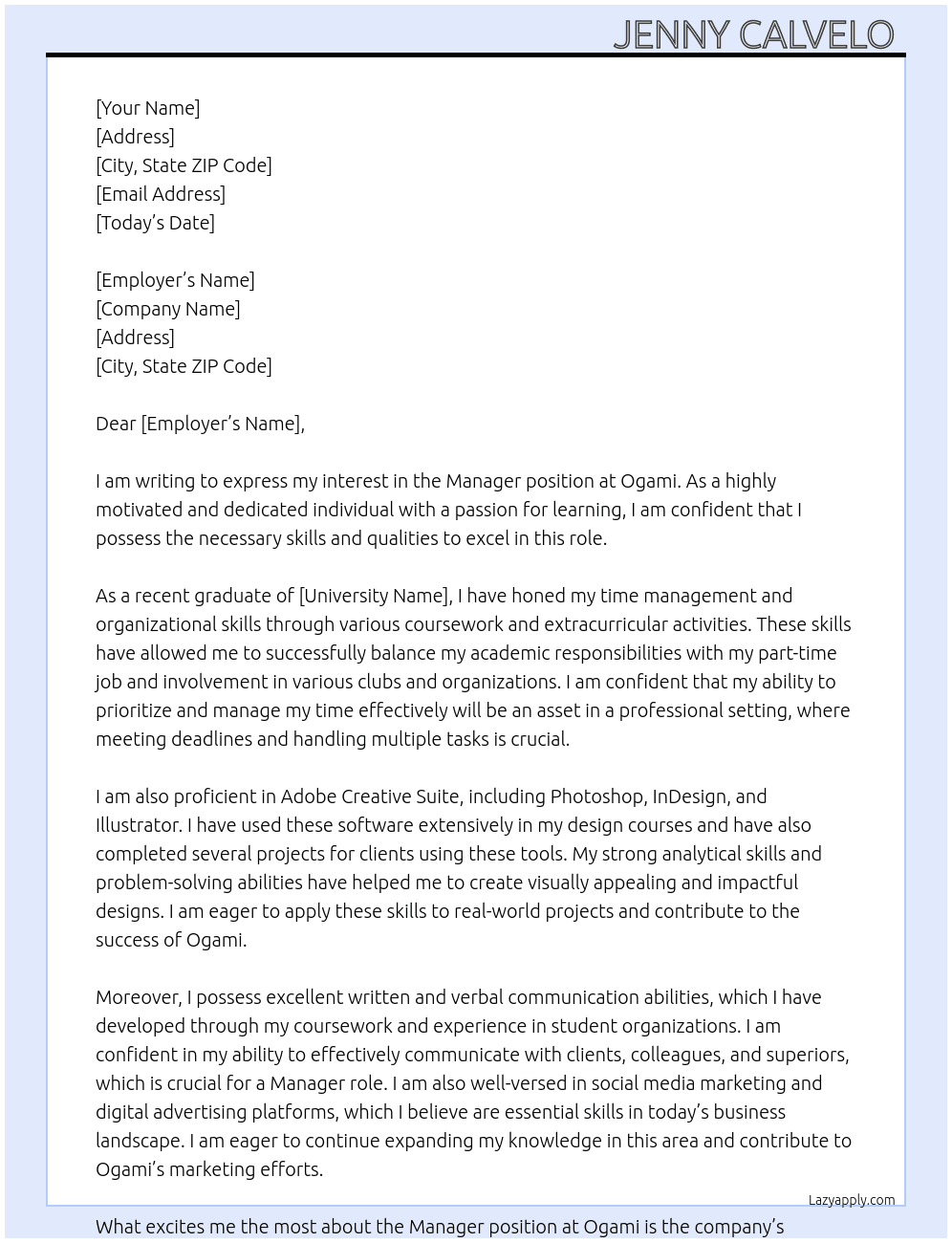 Manager At Ogami Cover Letter