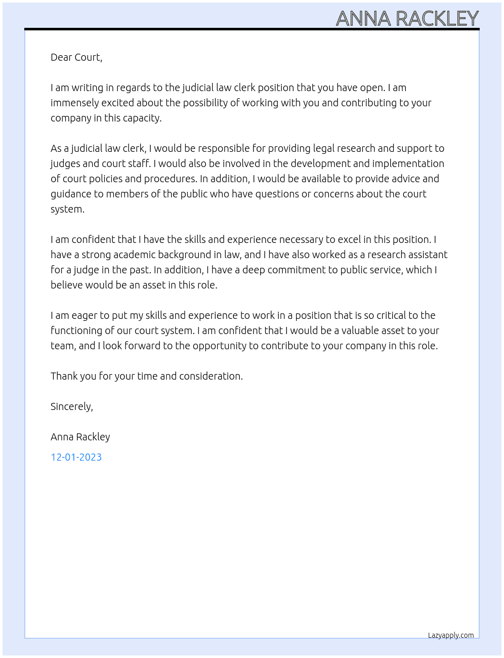 Judicial Law clerk At Court Cover Letter